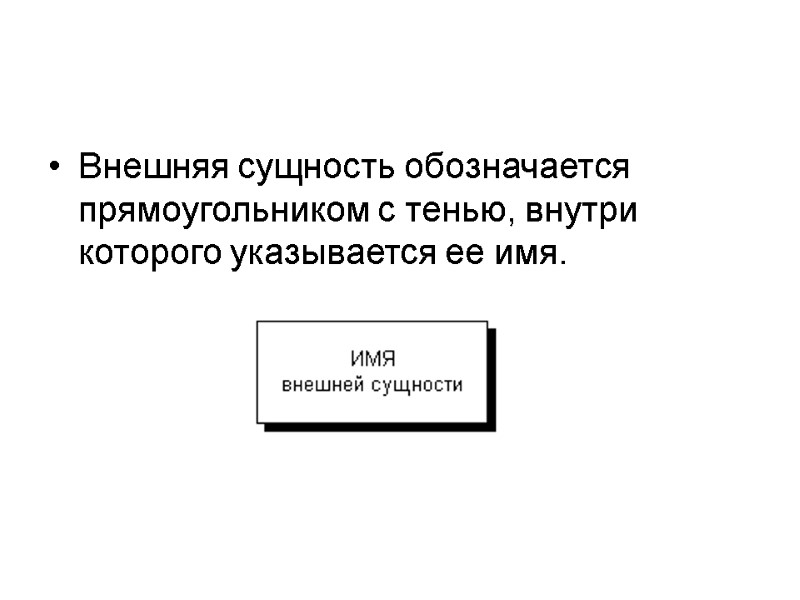 Внешняя сущность обозначается прямоугольником с тенью, внутри которого указывается ее имя.